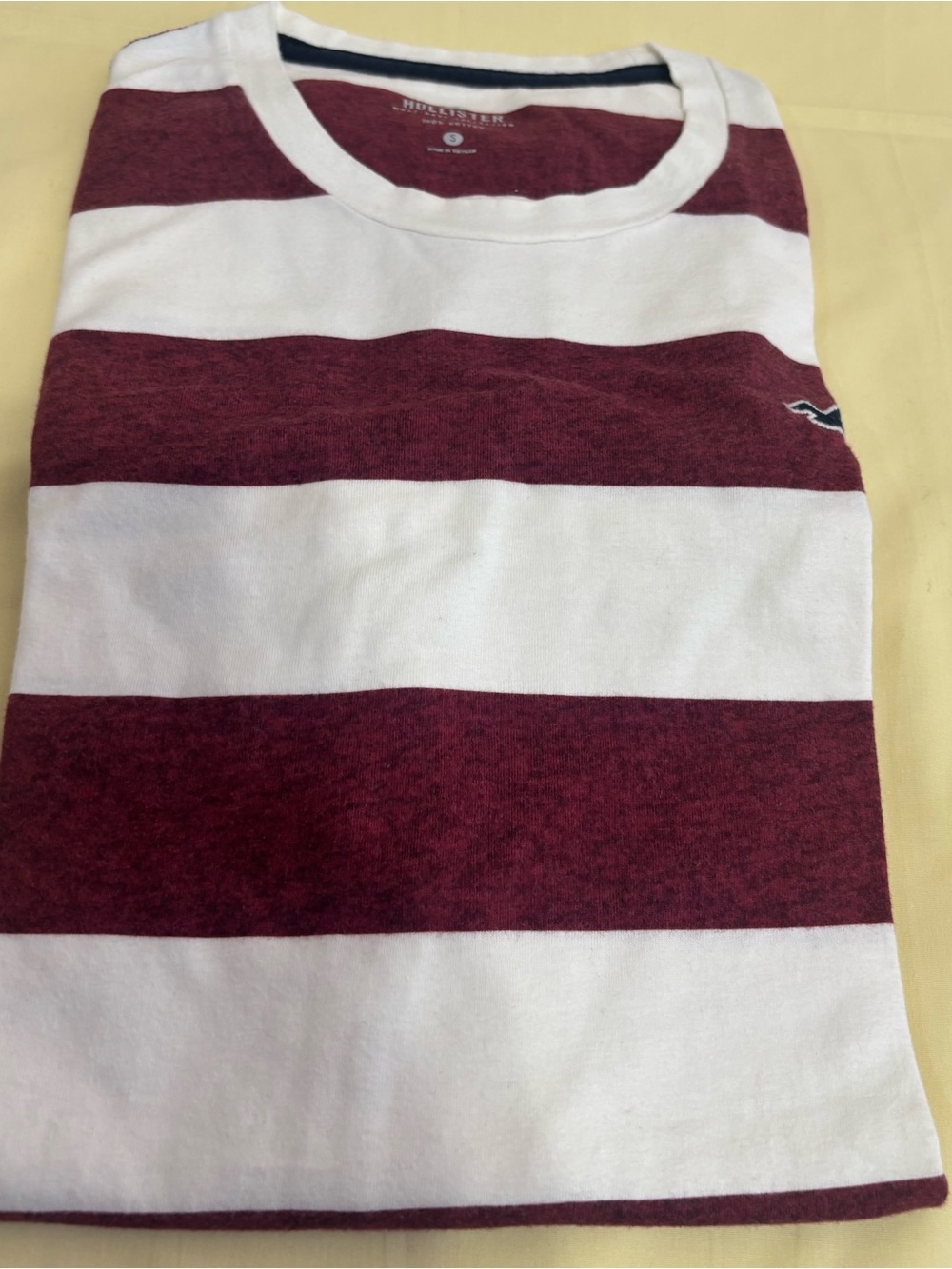 Hollister Men’s Striped Crewneck Tee in Burgundy & White